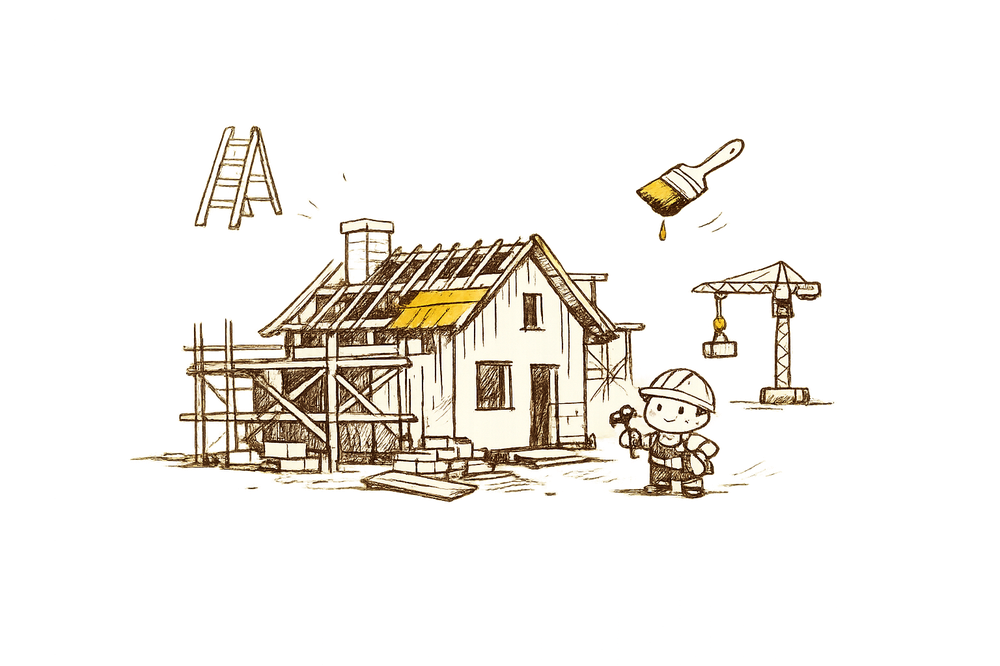 一分鐘長知識頁面正在開發中的手繪插畫，一間正在與建的小房子